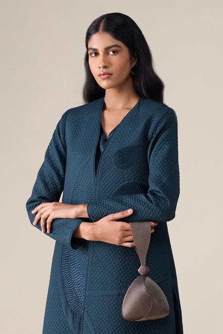 Shop_Ampm_Teal Shantoon Embroidery V-neck Raziya Quilted Pattern Abaya Kaftan _Online_at_Aza_Fashions