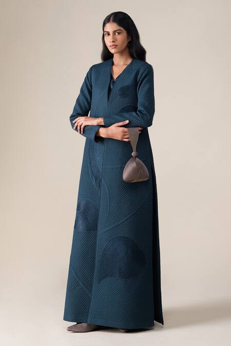 Ampm_Teal Shantoon Embroidery V-neck Raziya Quilted Pattern Abaya Kaftan _at_Aza_Fashions