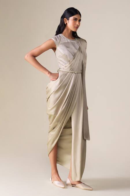 Shop_Ampm_Beige Chanderi Imara Saree Gown With Belt _Online_at_Aza_Fashions