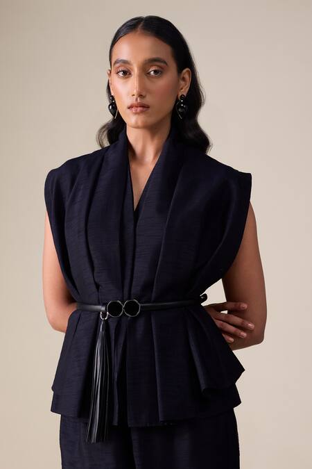 Ampm_Black Silk Tassels V-neck Ode Raw Top With Palazzo _Online_at_Aza_Fashions