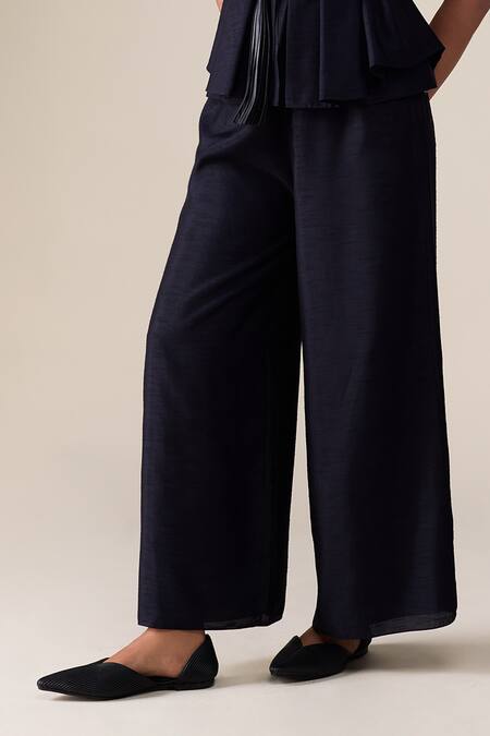 Buy_Ampm_Black Silk Tassels V-neck Ode Raw Top With Palazzo _Online_at_Aza_Fashions