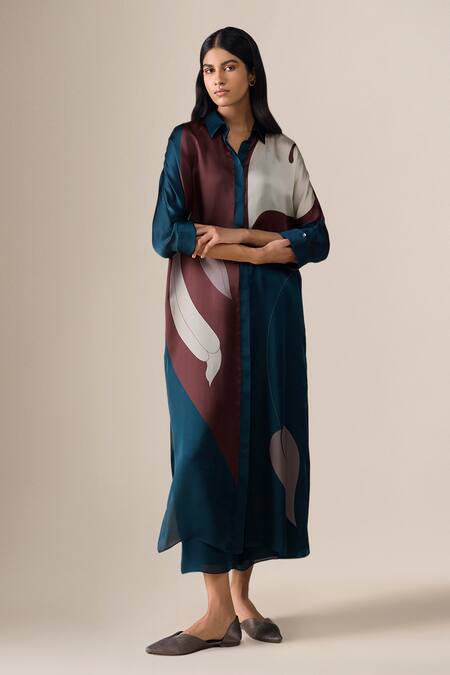 Ampm_Blue Satin, Organza Collared Silfira Printed Tunic With Palazzo _Online_at_Aza_Fashions