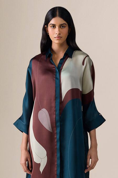 Buy_Ampm_Blue Satin, Organza Collared Silfira Printed Tunic With Palazzo _Online_at_Aza_Fashions