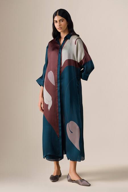 Shop_Ampm_Blue Satin, Organza Collared Silfira Printed Tunic With Palazzo _Online_at_Aza_Fashions