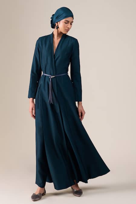 Shop_Ampm_Blue Silk Lace, Studs, Tassels V-neck Lev Raw Jacket Pant Set _Online_at_Aza_Fashions