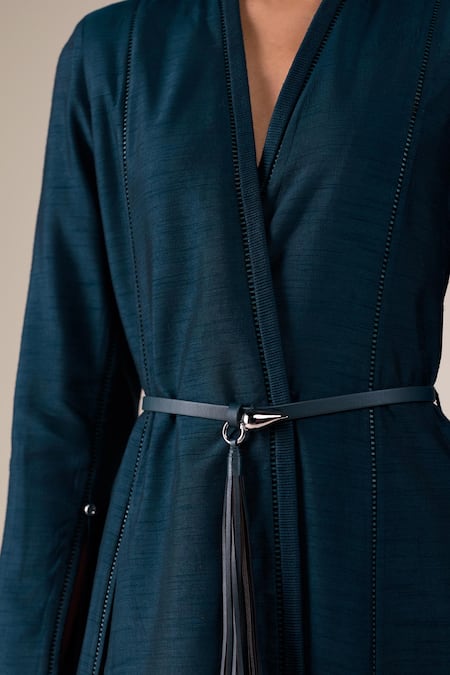 Ampm_Blue Silk Lace, Studs, Tassels V-neck Lev Raw Jacket Pant Set _at_Aza_Fashions