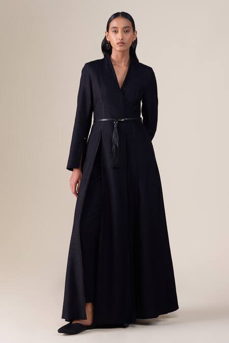 Ampm_Black Silk Lace, Studs, Tassels V-neck Lev Raw Jacket Pant Set _Online_at_Aza_Fashions