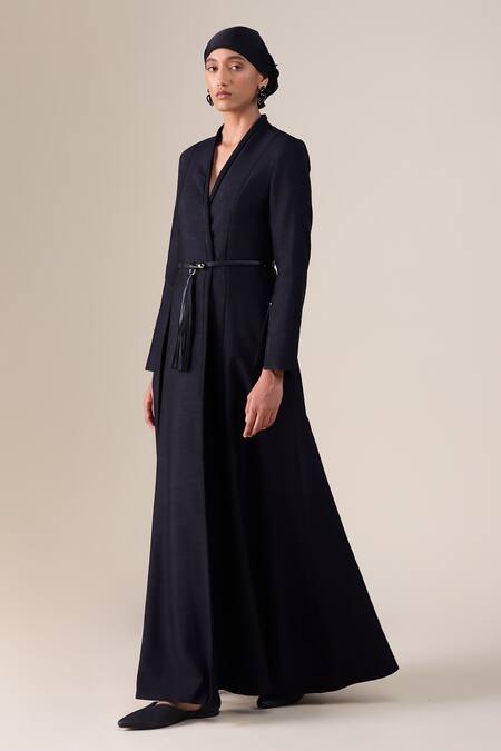 Buy_Ampm_Black Silk Lace, Studs, Tassels V-neck Lev Raw Jacket Pant Set _Online_at_Aza_Fashions