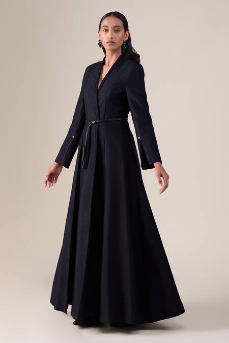 Shop_Ampm_Black Silk Lace, Studs, Tassels V-neck Lev Raw Jacket Pant Set _Online_at_Aza_Fashions