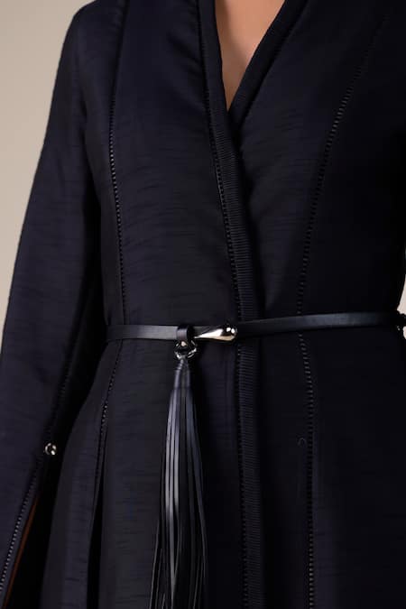 Ampm_Black Silk Lace, Studs, Tassels V-neck Lev Raw Jacket Pant Set _at_Aza_Fashions