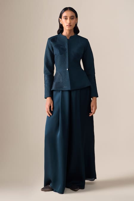 Ampm Navy Shantoon, Satin, Organza Valla Quilted Pattern Jacket With Palazzo 