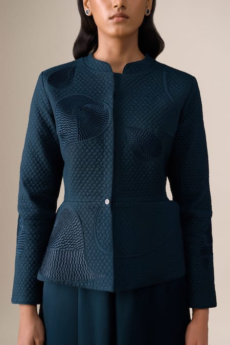 Shop_Ampm_Navy Shantoon, Satin, Organza Valla Quilted Pattern Jacket With Palazzo _Online_at_Aza_Fashions