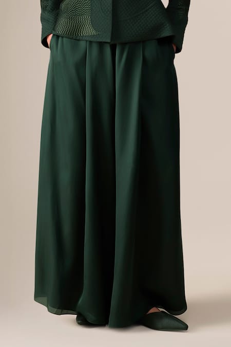 Ampm_Green Shantoon, Satin, Organza Valla Quilted Pattern Jacket With Palazzo _Online_at_Aza_Fashions
