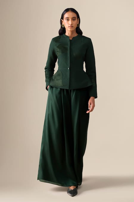 Buy_Ampm_Green Shantoon, Satin, Organza Valla Quilted Pattern Jacket With Palazzo _Online_at_Aza_Fashions