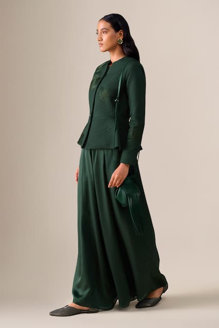 Shop_Ampm_Green Shantoon, Satin, Organza Valla Quilted Pattern Jacket With Palazzo _Online_at_Aza_Fashions