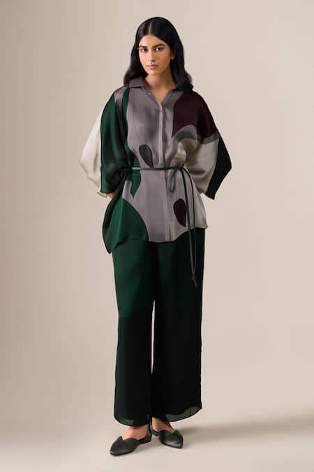 Shop_Ampm_Green Silk Organza, Satin Collared Annera Printed Shirt And Pant Set _Online_at_Aza_Fashions