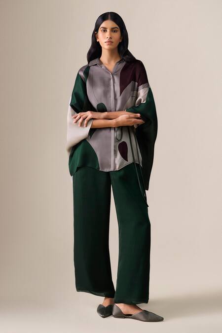 Buy_Ampm_Green Silk Organza, Satin Collared Annera Printed Shirt And Pant Set 