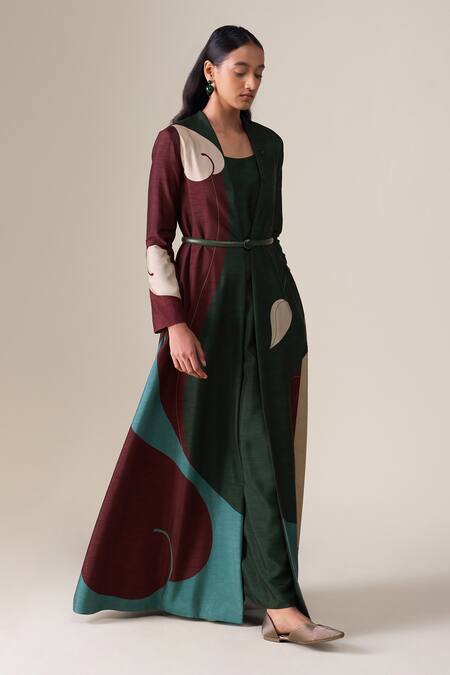 Buy_Ampm_Green Silk V-neck Areli Printed Kaftan With Belt _Online_at_Aza_Fashions