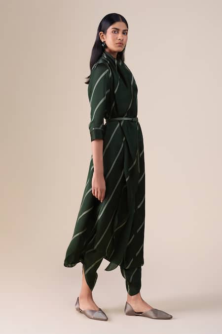 Ampm_Green Satin, Organza High Neck Zeba Linear Pattern Kurta With Dhoti Pant _Online_at_Aza_Fashions