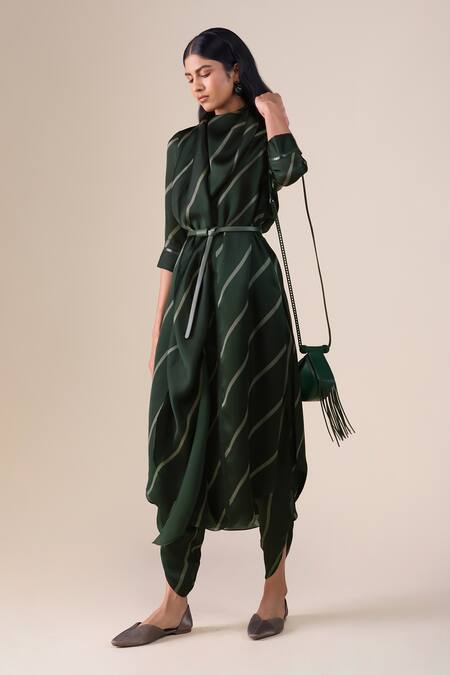 Shop_Ampm_Green Satin, Organza High Neck Zeba Linear Pattern Kurta With Dhoti Pant _Online_at_Aza_Fashions
