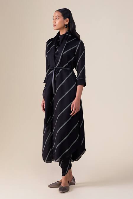 Ampm_Black Satin, Organza Cowl Neck Zeba Stripe Pattern Kurta With Dhoti Pant _Online_at_Aza_Fashions