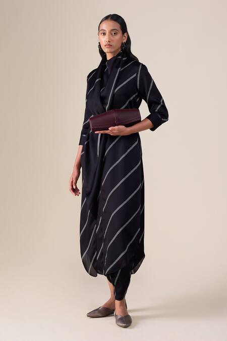 Buy_Ampm_Black Satin, Organza Cowl Neck Zeba Stripe Pattern Kurta With Dhoti Pant _Online_at_Aza_Fashions