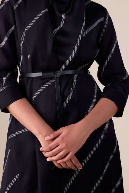 Shop_Ampm_Black Satin, Organza Cowl Neck Zeba Stripe Pattern Kurta With Dhoti Pant _Online_at_Aza_Fashions