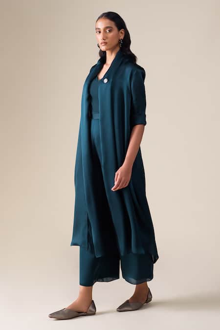 Ampm_Navy Satin, Organza Shawl Neck Elsa Collar Jacket Set _Online_at_Aza_Fashions