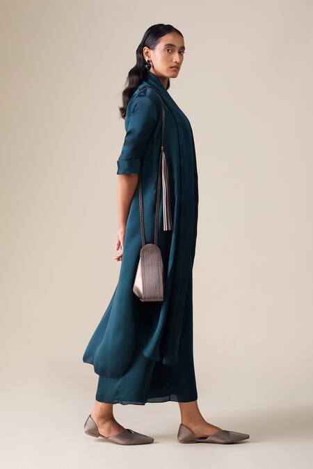 Buy_Ampm_Navy Satin, Organza Shawl Neck Elsa Collar Jacket Set _Online_at_Aza_Fashions