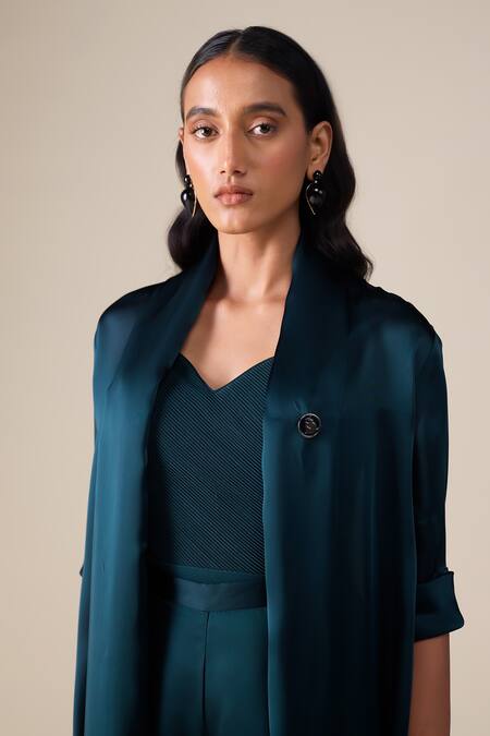 Shop_Ampm_Navy Satin, Organza Shawl Neck Elsa Collar Jacket Set _Online_at_Aza_Fashions