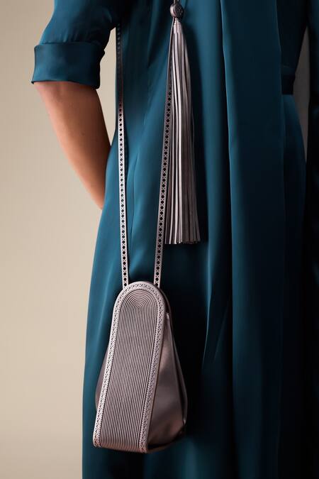 Ampm_Navy Satin, Organza Shawl Neck Elsa Collar Jacket Set _at_Aza_Fashions