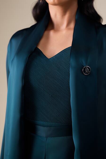 Buy_Ampm_Navy Satin, Organza Shawl Neck Elsa Collar Jacket Set 