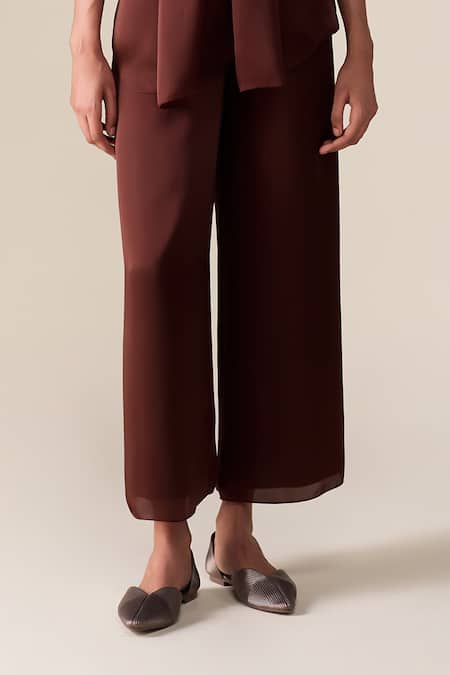 Ampm_Burgundy Satin, Organza Shawl Neck Mana Plain Jacket Pant Set _Online_at_Aza_Fashions