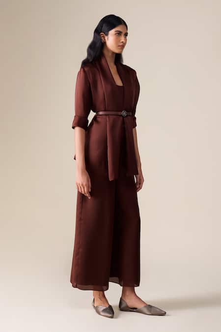 Buy_Ampm_Burgundy Satin, Organza Shawl Neck Mana Plain Jacket Pant Set _Online_at_Aza_Fashions