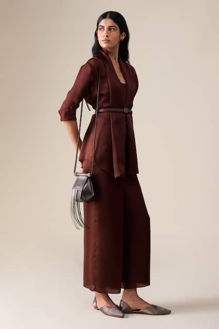 Shop_Ampm_Burgundy Satin, Organza Shawl Neck Mana Plain Jacket Pant Set _Online_at_Aza_Fashions