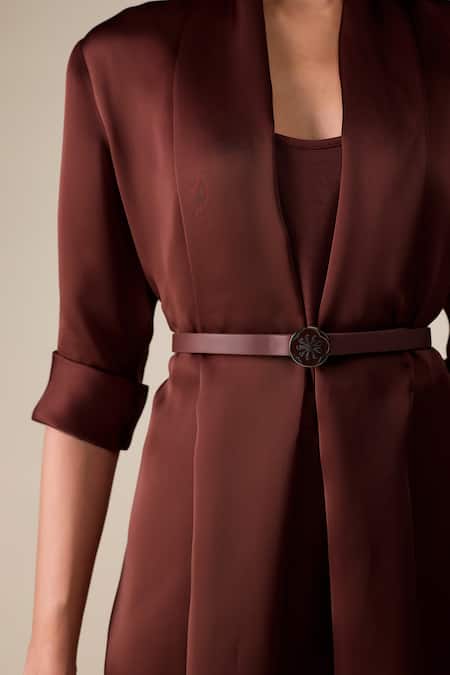 Shop_Ampm_Burgundy Satin, Organza Shawl Neck Mana Plain Jacket Pant Set 