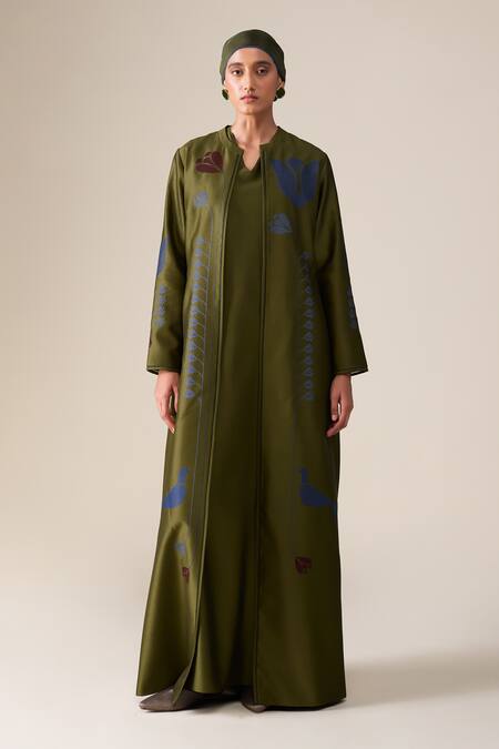 Shop_Ampm_Olive Green Chanderi Embroidery Mandarin Collar Maliah Abaya Kaftan _Online_at_Aza_Fashions