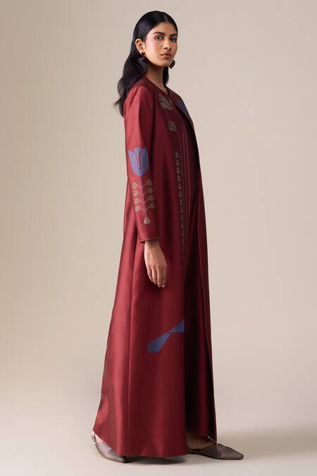 Ampm_Red Chanderi Embroidery Round Neck Maliah Abaya Kaftan _Online_at_Aza_Fashions