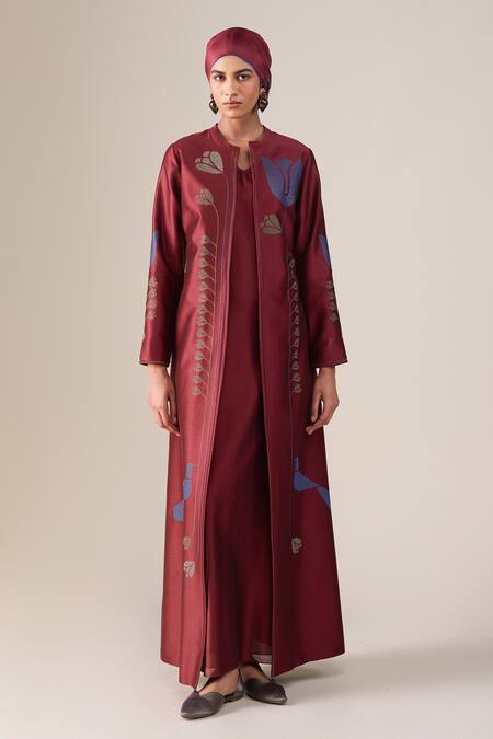Shop_Ampm_Red Chanderi Embroidery Round Neck Maliah Abaya Kaftan _Online_at_Aza_Fashions