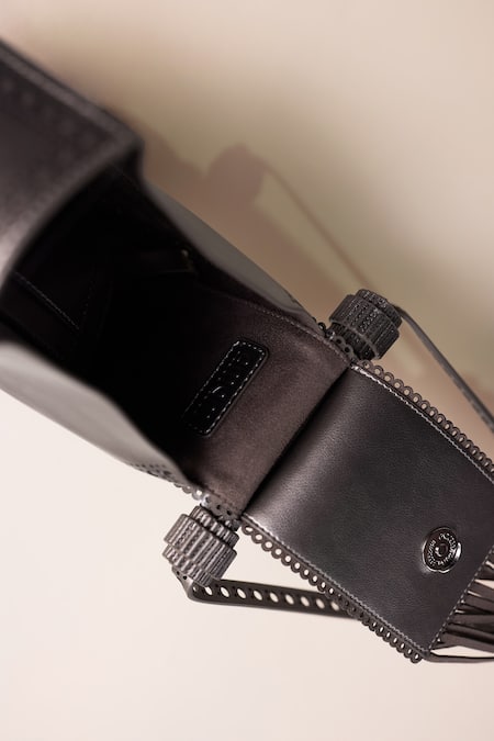 Shop Ampm Silver Fringe, Cut Work Zimri Brogue Pattern Bag Shop_Ampm_Silver Fringe, Cut Work Zimri Brogue Pattern Bag