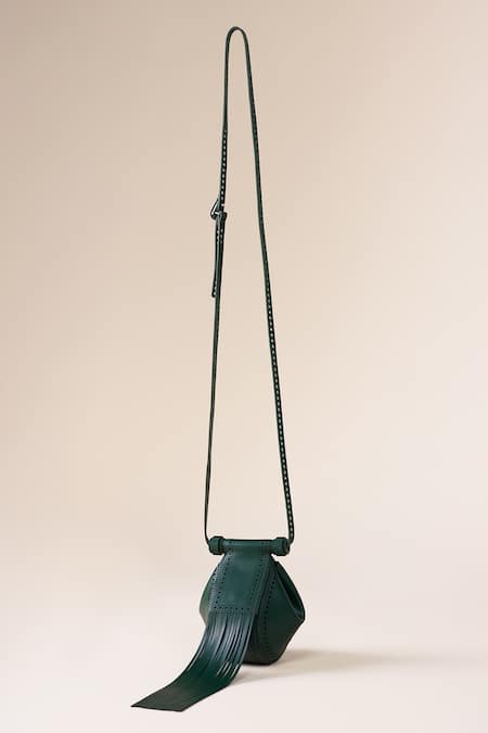 Ampm_Green Fringe, Cut Work Zimri Brogue Pattern Bag _Online_at_Aza_Fashions