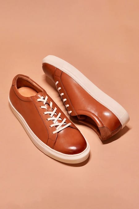 Shop_Dmodot_Tan Bosco Leather Sneakers  _Online_at_Aza_Fashions