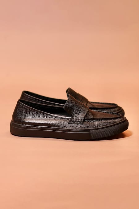 Shop_Dmodot_Black Leather Tristo Penny Loafer Sneakers _Online_at_Aza_Fashions