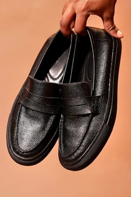 Dmodot_Black Leather Tristo Penny Loafer Sneakers _at_Aza_Fashions