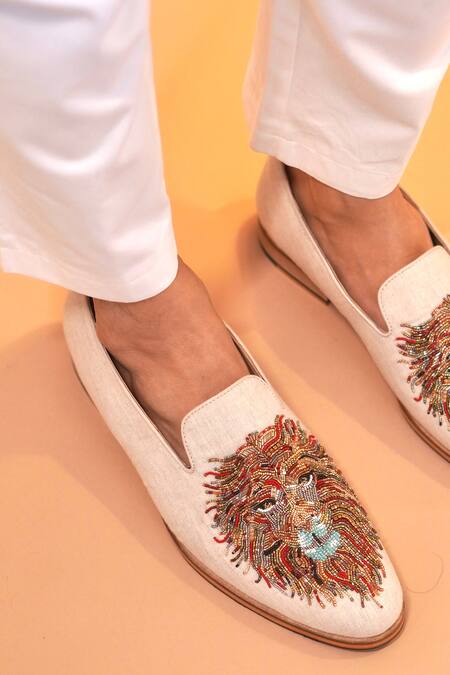 Dmodot_White Avorio Lion Motif Beaded Loafers  _Online_at_Aza_Fashions