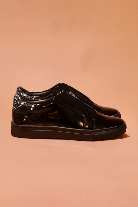 Dmodot_Black Pigro Lustro Patent Leather Zipper Slip-on Shoes _Online_at_Aza_Fashions