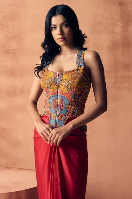 Label Moni K_Yellow Georgette, Satin Embroidery, Gypsy Embellished Top With Draped Skirt _Online_at_Aza_Fashions