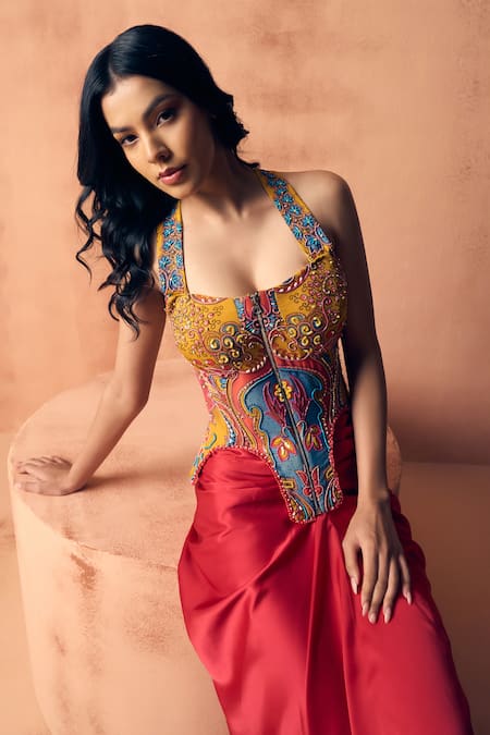 Shop_Label Moni K_Yellow Georgette, Satin Embroidery, Gypsy Embellished Top With Draped Skirt _Online_at_Aza_Fashions