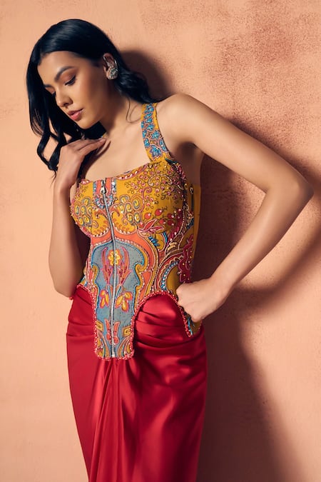 Label Moni K_Yellow Georgette, Satin Embroidery, Gypsy Embellished Top With Draped Skirt _at_Aza_Fashions