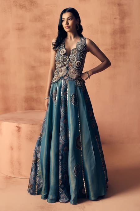 Label Moni K Chakra Scallop Embroidered Waistcoat With Lehenga 